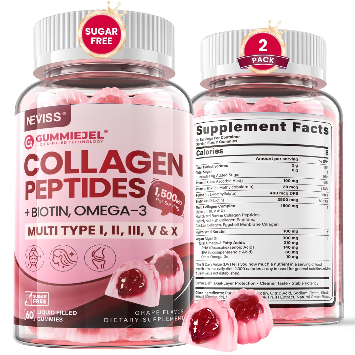 NEVISS Hydrolyzed Multi Collagen Peptides Gummies 120 Count