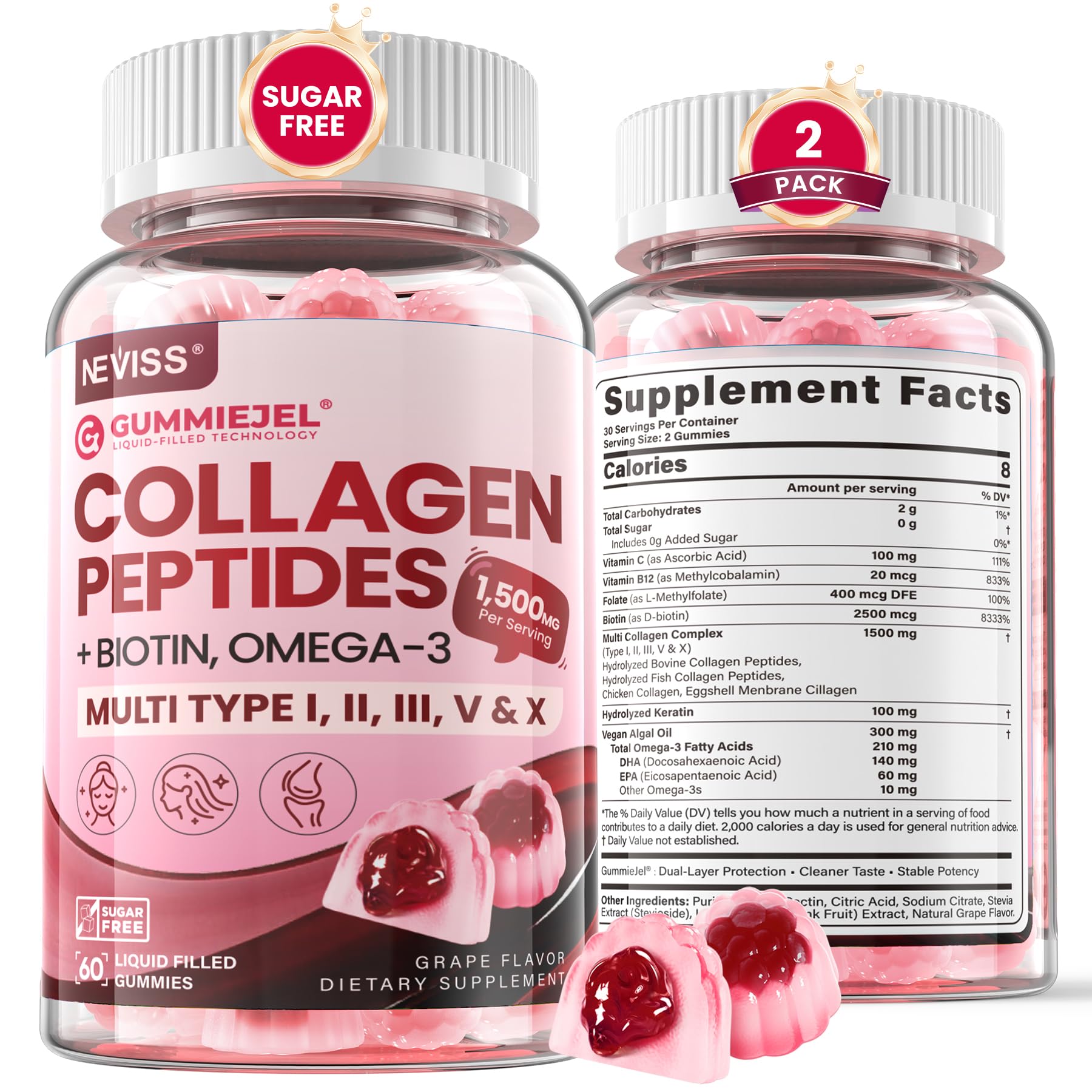 NEVISS Hydrolyzed Multi Collagen Peptides Gummies 120 Count