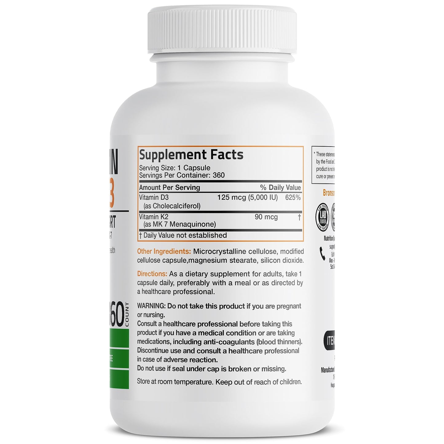 Bronson Vitamin K2 (MK7) with D3 Capsules, 360 Capsules
