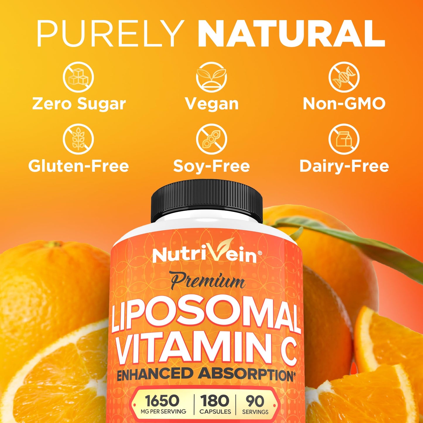 Nutrivein Premium Liposomal Vitamin C Supplement 1650mg Capsules, 180 Count