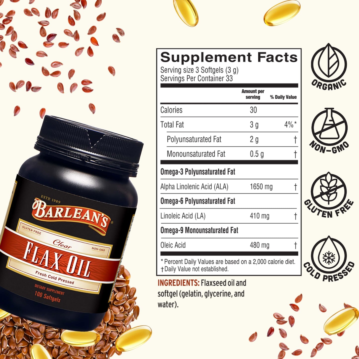 Barlean's Omega-3-6-9 Flaxseed Oil Softgels, 100 Count