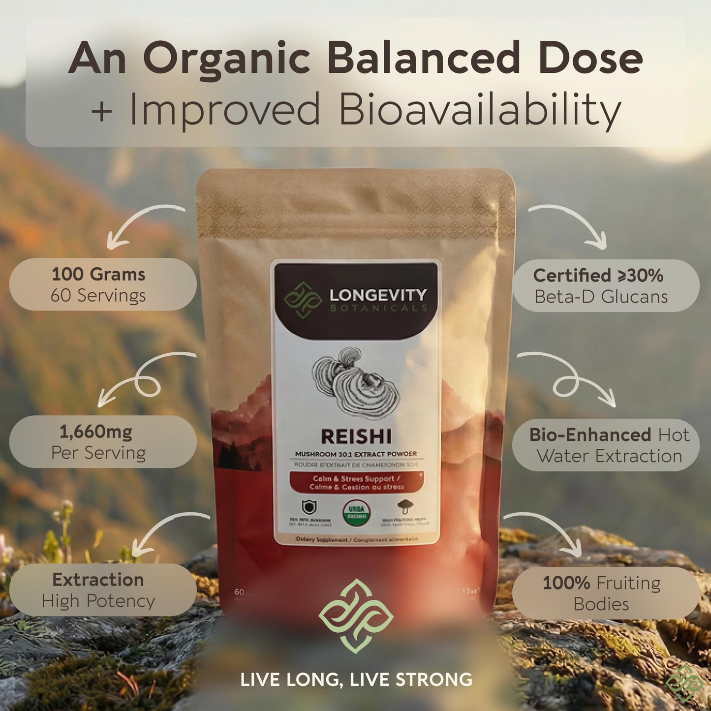 Longevity Botanicals Organic Reishi Mushroom Powder Supplement, 3.53 oz