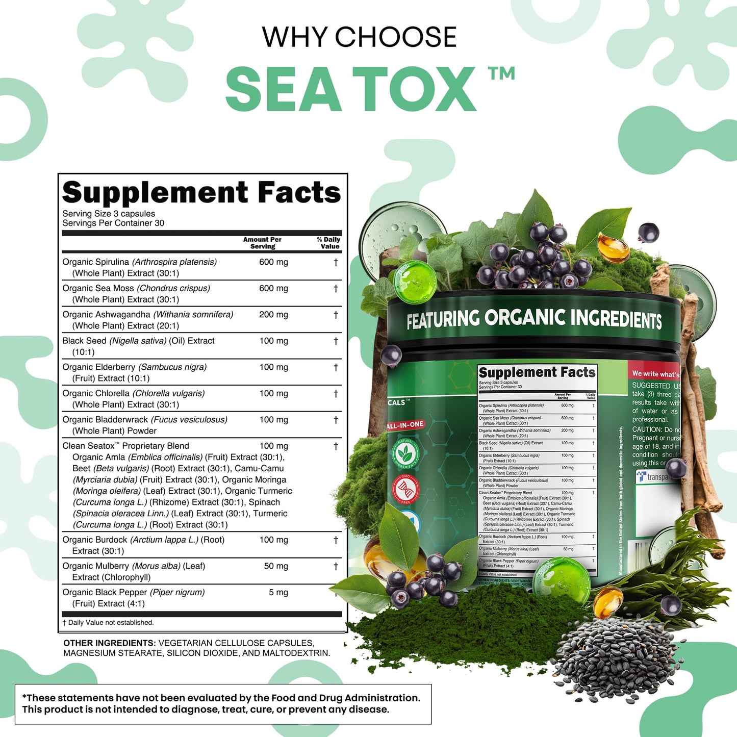 Clean Nutraceuticals Sea Tox Organic Spirulina and Chlorella Capsules, 90 Capsules