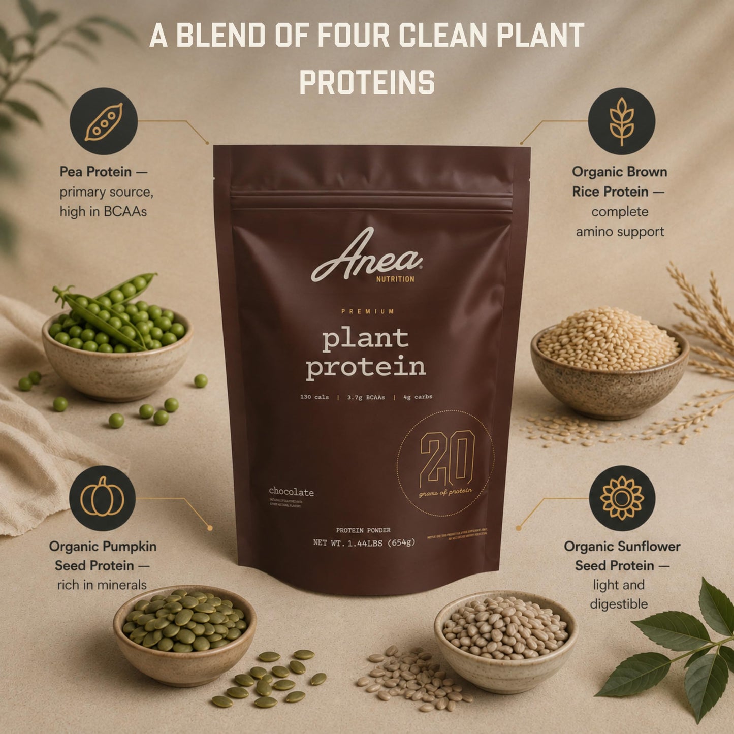 Anea Nutrition Plant Based Protein Powder Chocolate, Vegan, 23.0692 Servings