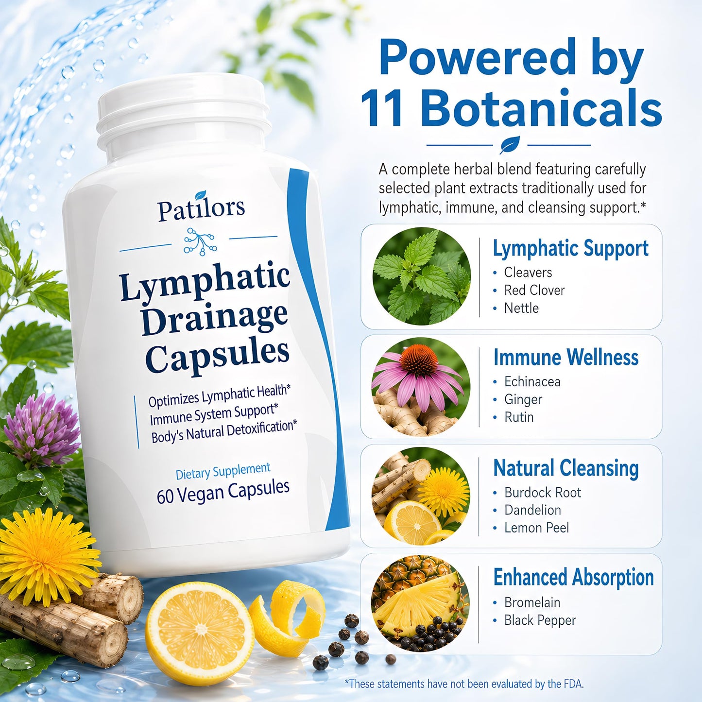 Patilors Lymphatic Drainage Supplements for Lymphatic Support, Body Detox & Cleanse, Fluid Balance & Immune Support 120 Capsules