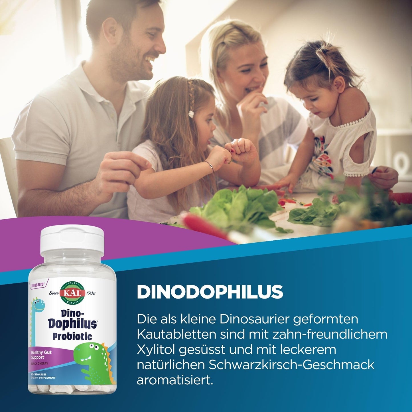 KAL DinoDophilus Kids Probiotic Black Cherry Chewables, 60 Count