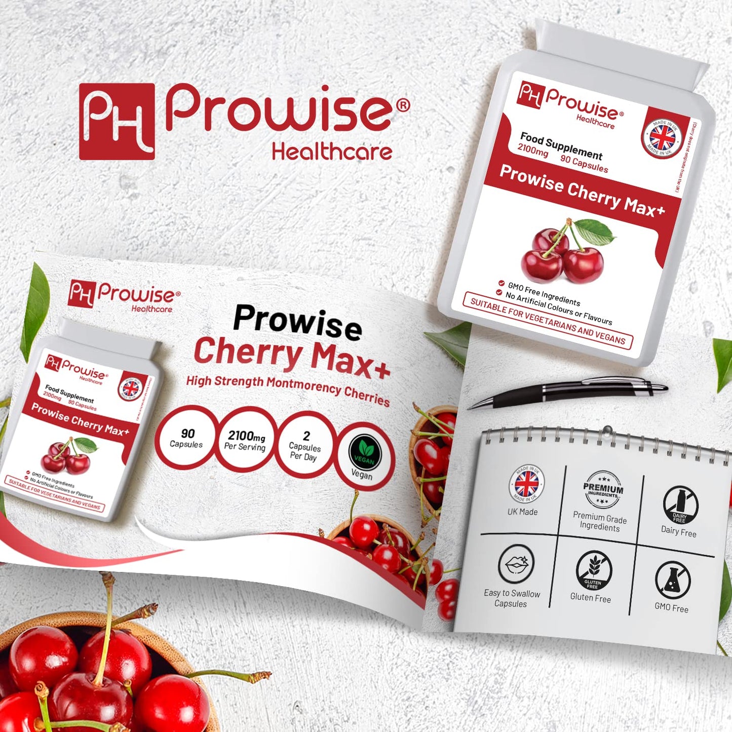 PH PROWISE Healthcare Cherry Max+ Montmorency Cherry 2100mg with Black Cherry Vegan Capsules, 90 Capsules