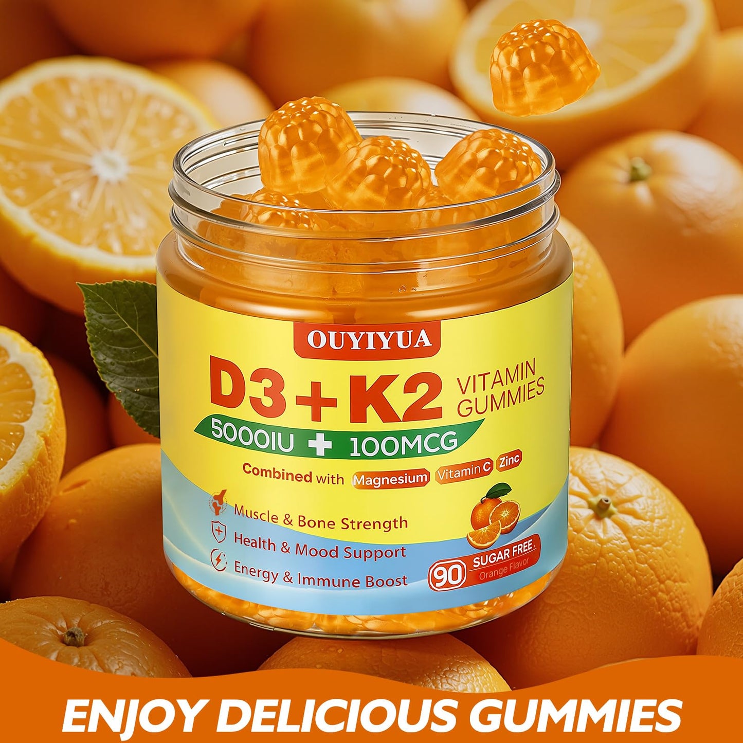 OUYIYUA Vitamin D3 K2 Gummies, 5000IU + 100mcg, 90 Count