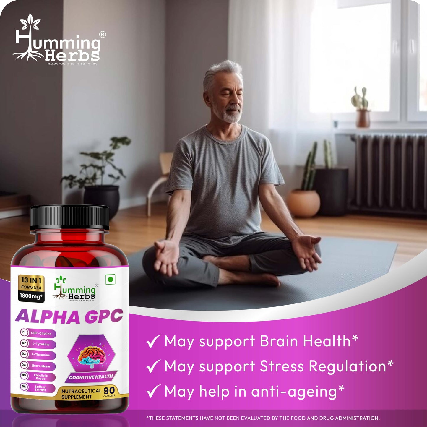 Humming Herbs Alpha GPC 300mg + CDP Choline Nootropic Brain Supplement - Memory Focus Mental Clarity - Lion's Mane, Bacopa, L-Theanine, Phosphatidylserine - 13-in-1 Formula, 90 Capsules