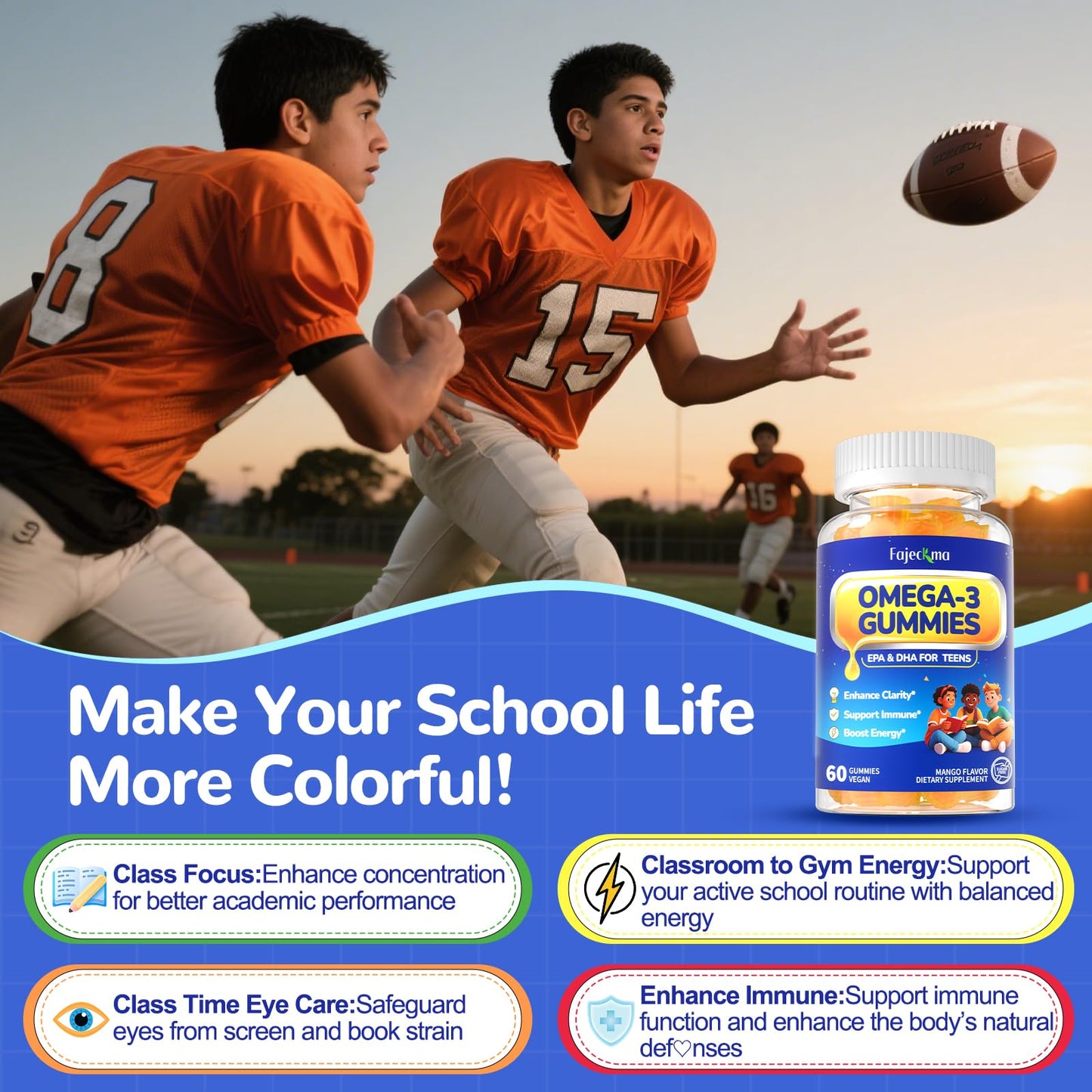 Fajeckma Omega-3 1000mg Gummies for Teens, Vegan Algae EPA/DHA, Vitamin D3, Magnesium & Elderberry, 120 Gummies
