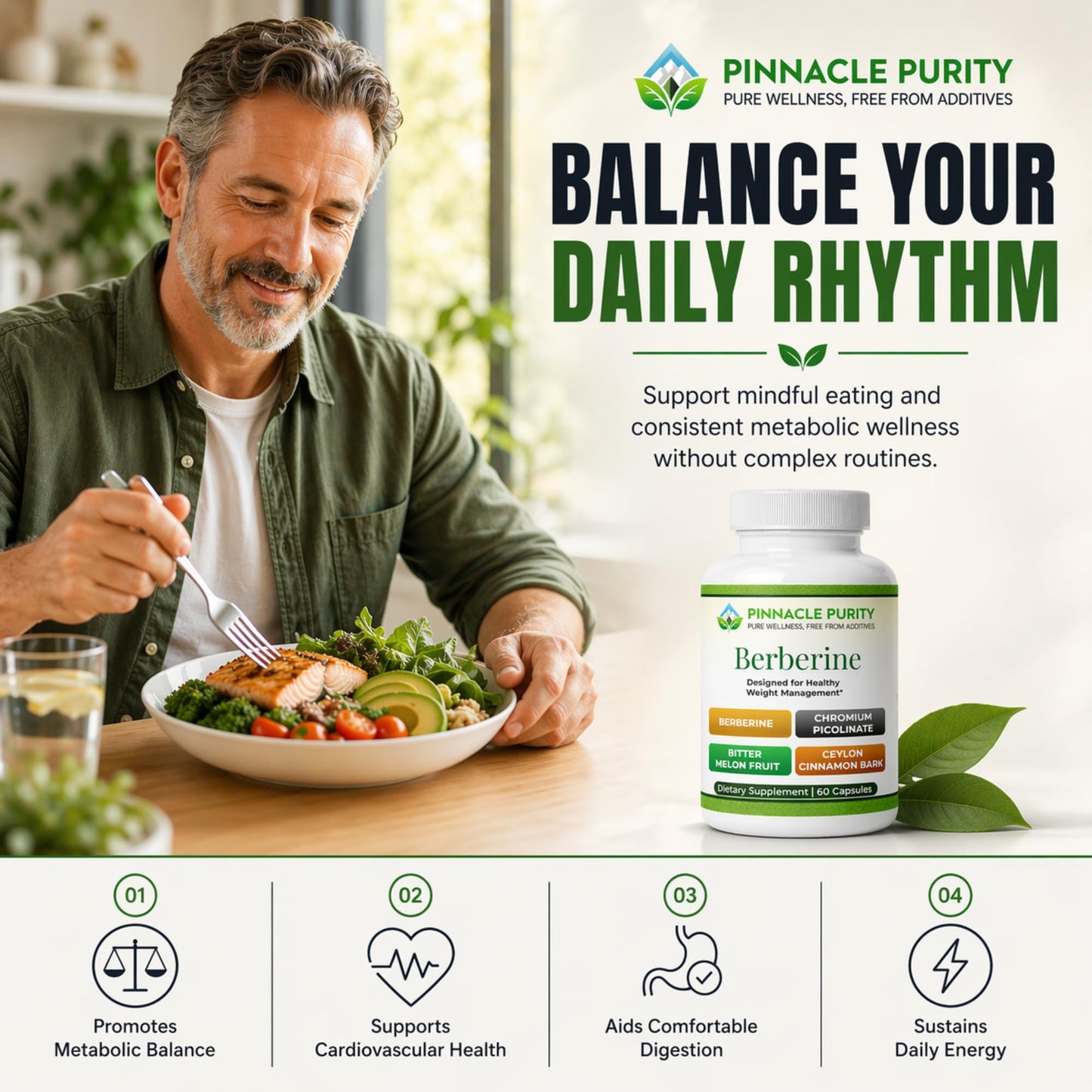 Pinnacle Purity Berberine HCL Supplement with Chromium Picolinate Capsules, 60 Capsules