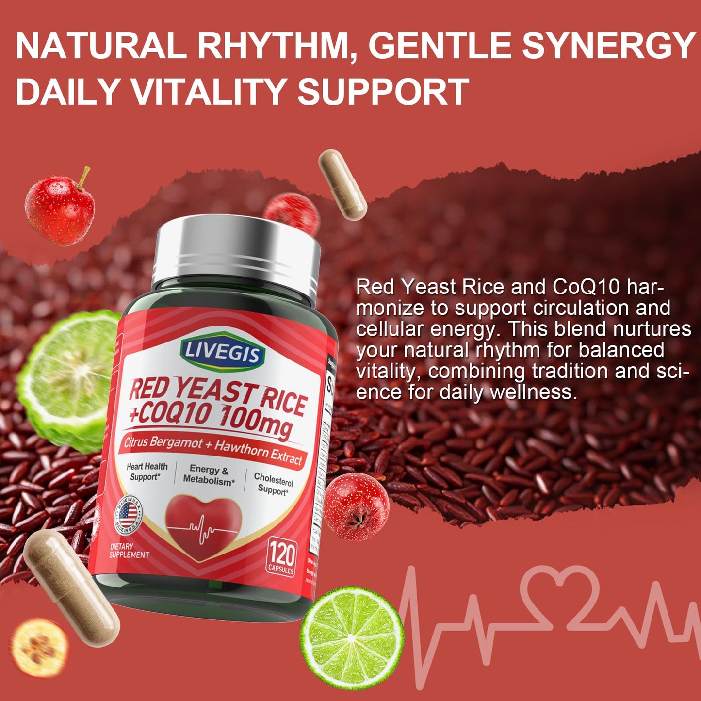 LIVEGIS Red Yeast Rice 2000mg with CoQ10 100mg Citrinin Free Heart Health Supplement with Citrus Bergamot & Hawthorn - Supports Healthy Cholesterol Levels - Softgel 240 Count