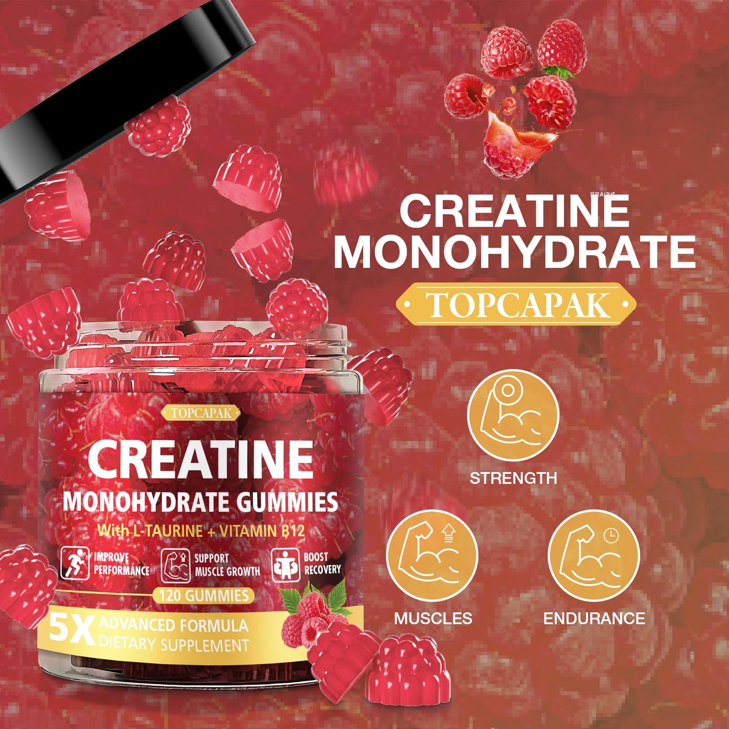 TOPCAPAK Creatine Gummies Raspberry Flavor, 120 Gummies