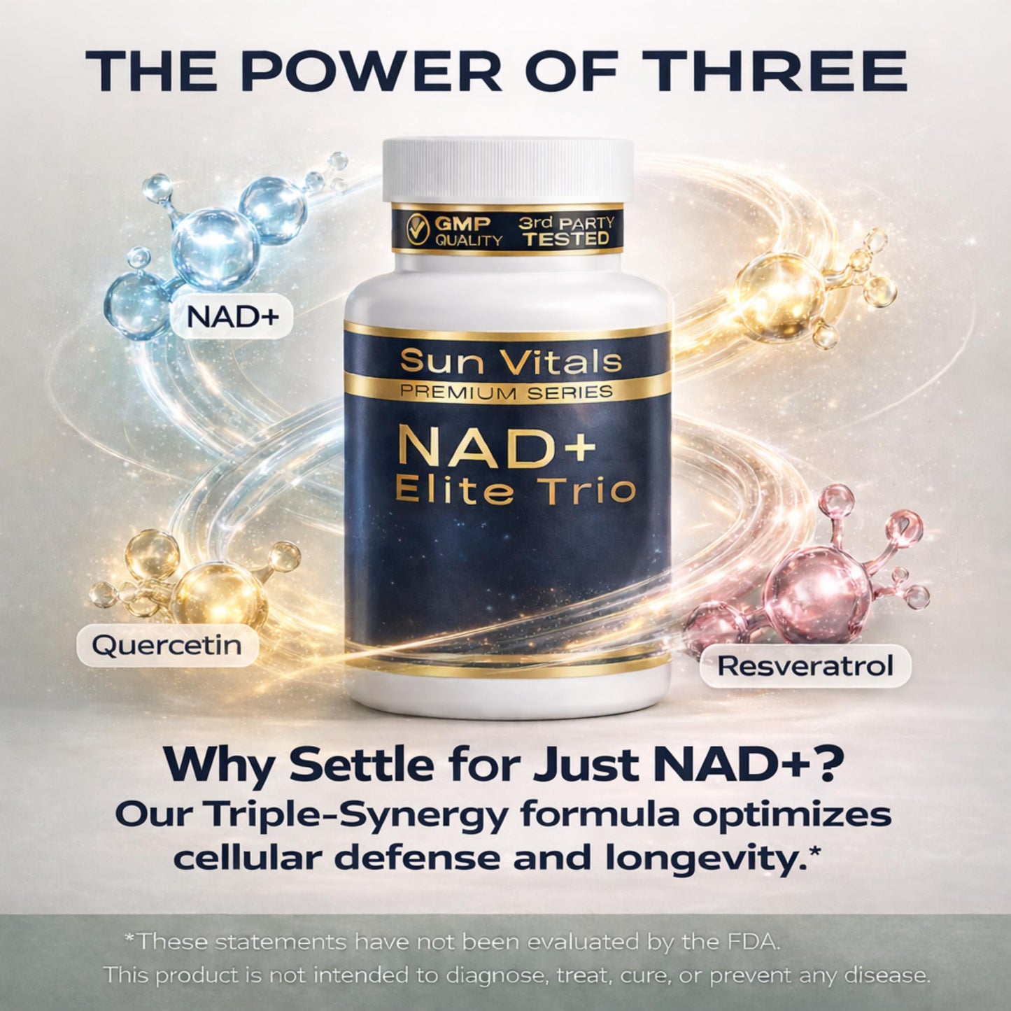 Sun Vitals Natural NAD+ Supplement 500 mg with Resveratrol & Quercetin, 60 Capsules