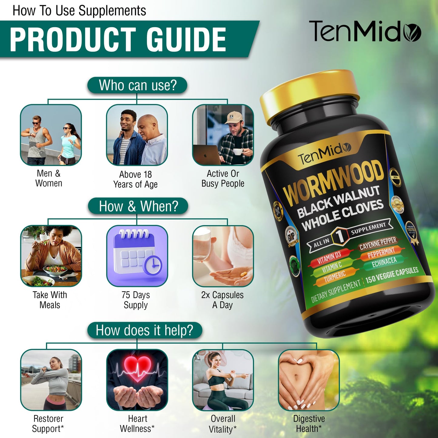 Tenmido Wormwood Capsules, 150 Count