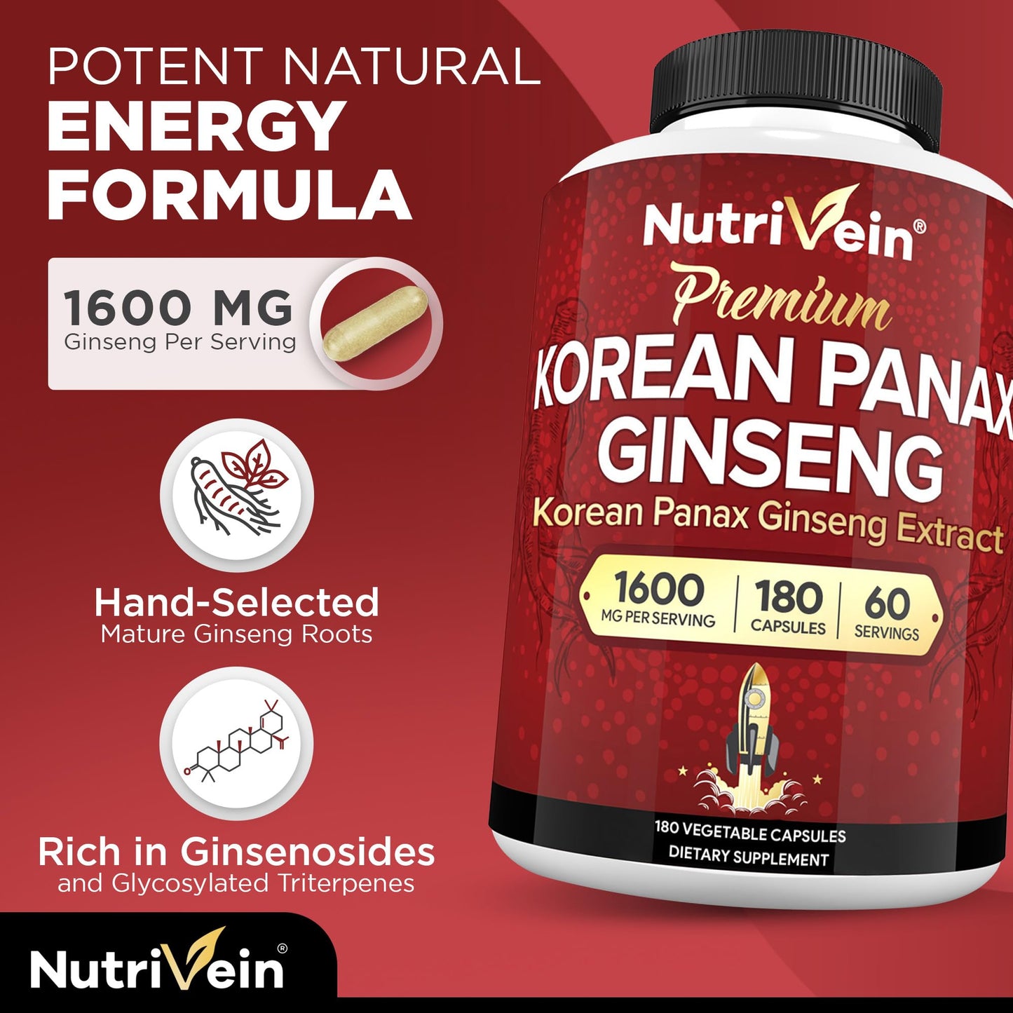 Nutrivein Korean Red Panax Ginseng 1600 mg Capsules, 120 Count