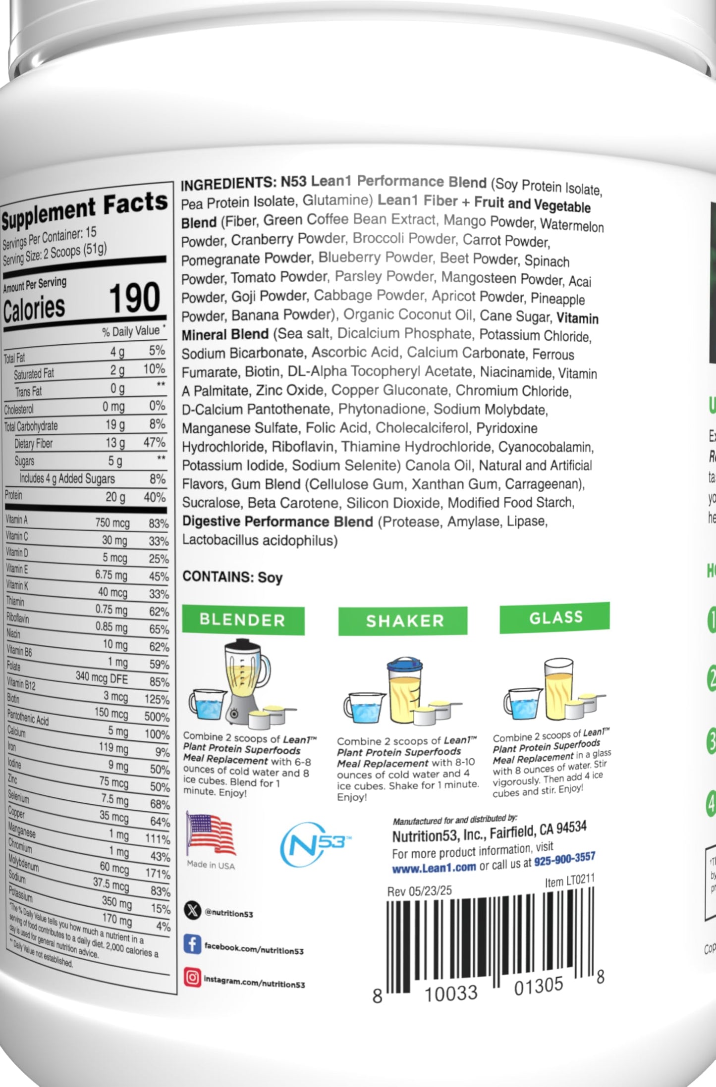 LEAN1 Plant-Based Protein Powder Banana Flavor Meal Replacement 27 Servings
