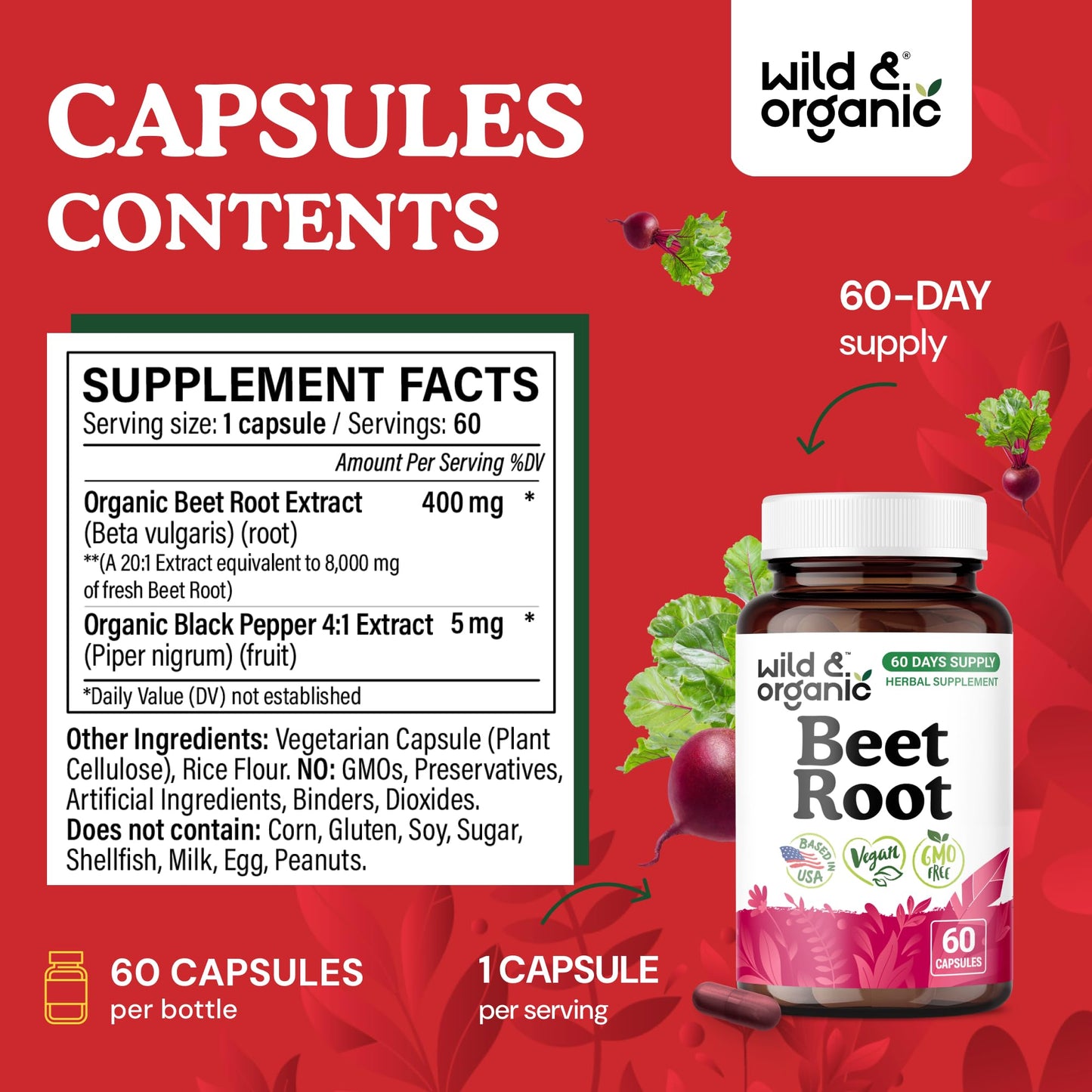 Wild & Organic Beet Root Capsules with Black Pepper Extract - Energy Support, Non-GMO, 60 Count