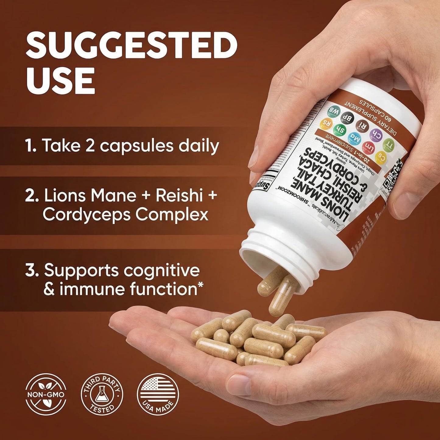 Clean Nutraceuticals Lions Mane 20in1 Mushroom Supplement with Turkey Tail Reishi Cordyceps Chaga Maitake Meshima Poria Cocos Shiitake Oyster Porcini Enoki Capsules, 60 Count