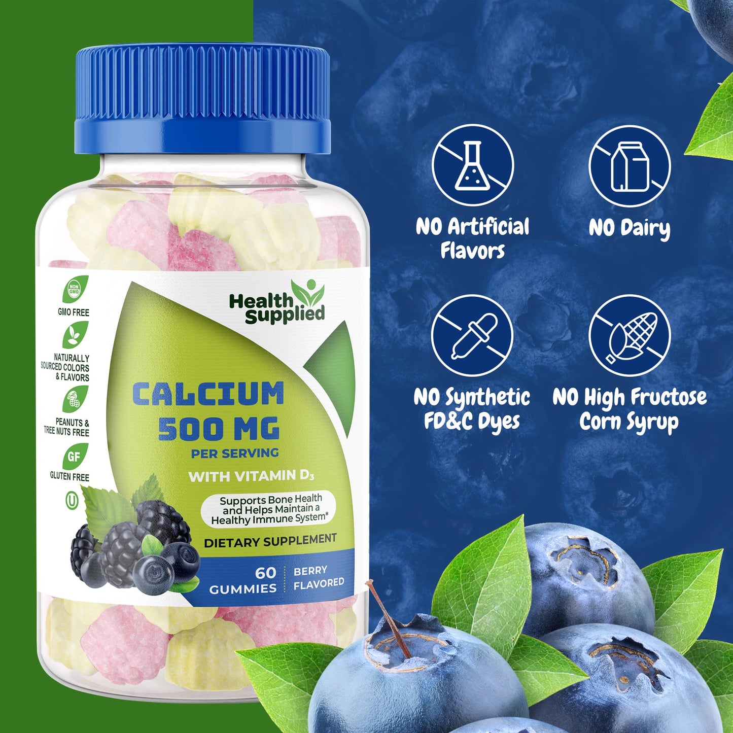 Health Supplied Calcium 500mg with Vitamin D3 1000 IU Gummies, 120 Count