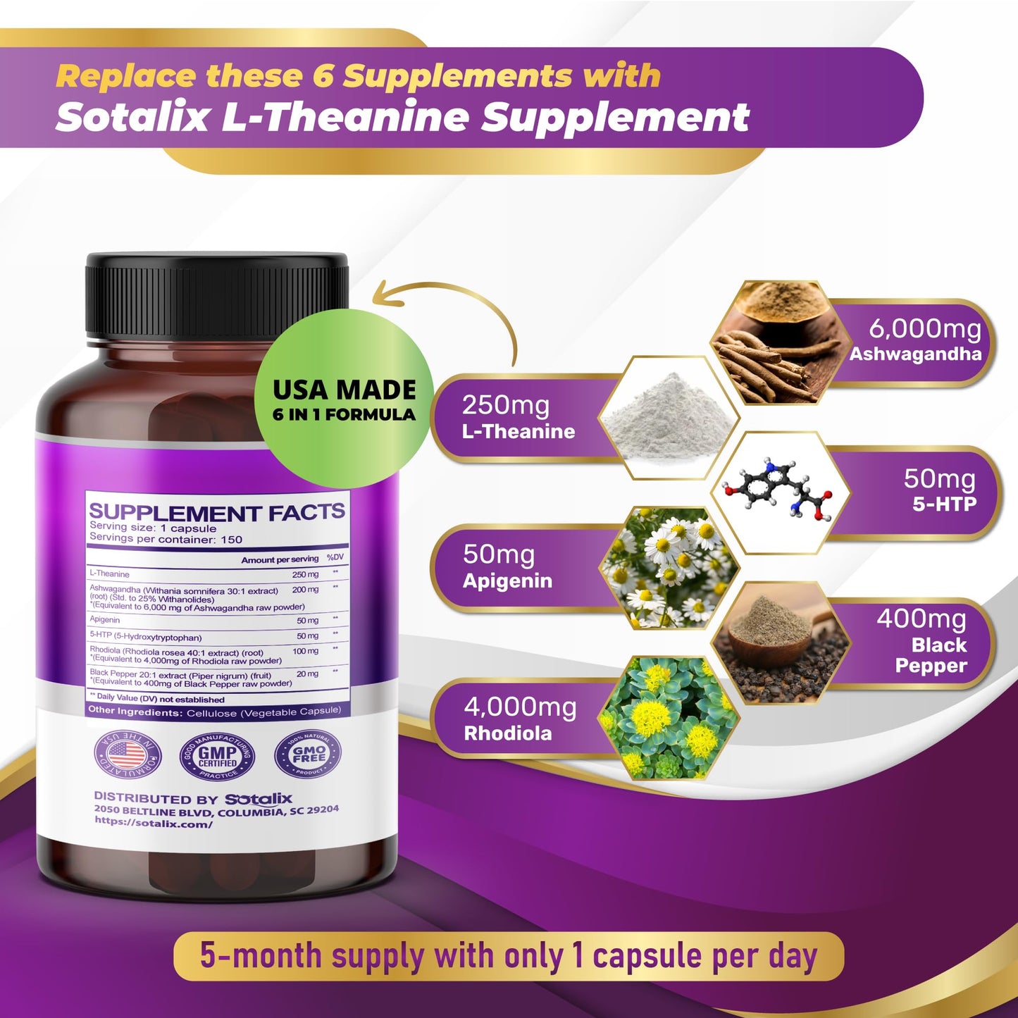 Sotalix L-Theanine Supplement with Ashwagandha 5-HTP + Rhodiola Capsules, 150