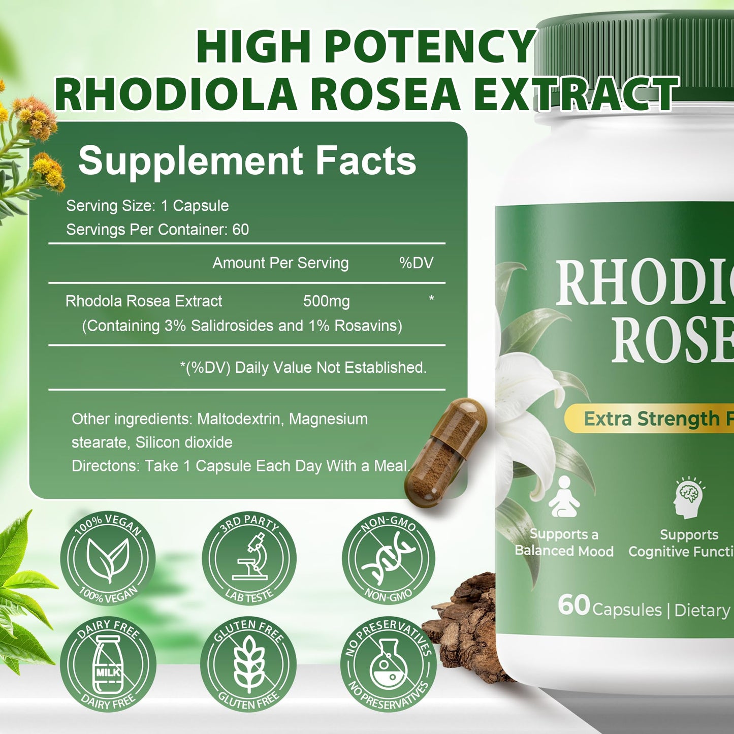 Purpleaf Rhodiola Rosea Extract 500mg Capsule, 60 Capsules