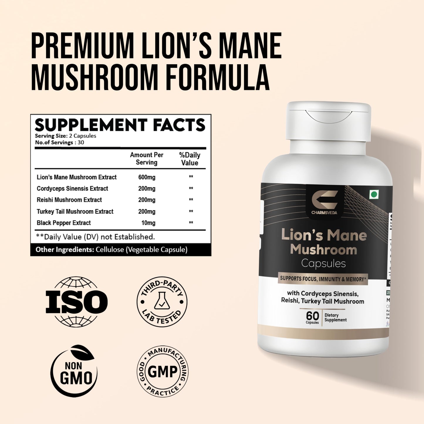 CHARMSVEDA Lion’s Mane Mushroom with Cordyceps, Reishi & Turkey Tail, 60 Capsules
