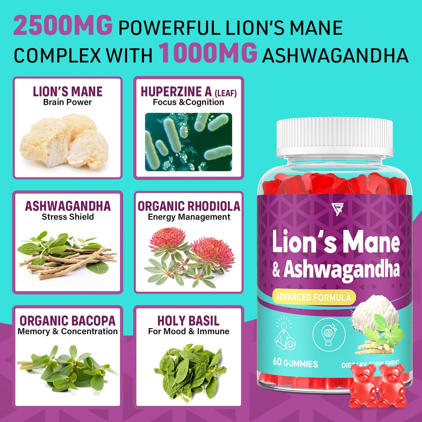 GENFOJAS Ashwagandha & Lions Mane Gummies Gummy 60 Count