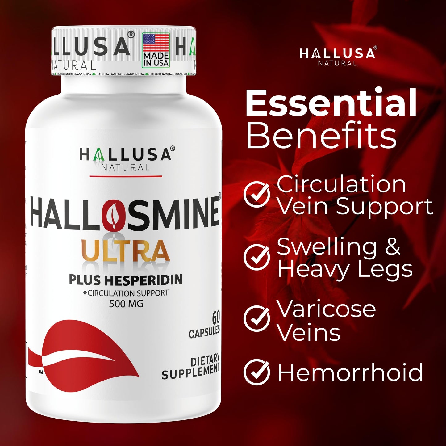 Hallusa Natural Hallosmine Ultra Diosmin 500mg & Hesperidin 150mg Capsules, 120 Count