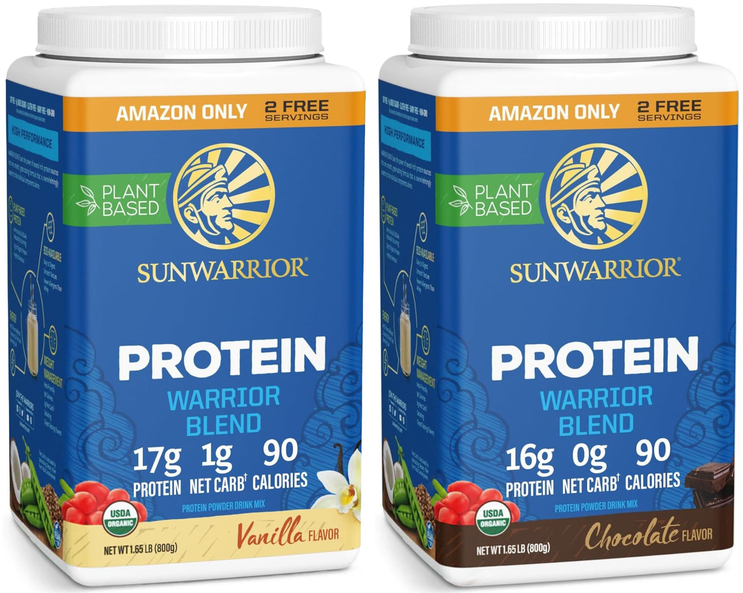 Sunwarrior Chocolate & Vanilla Organic Plant Based Protein Powder, 32 Servings Each