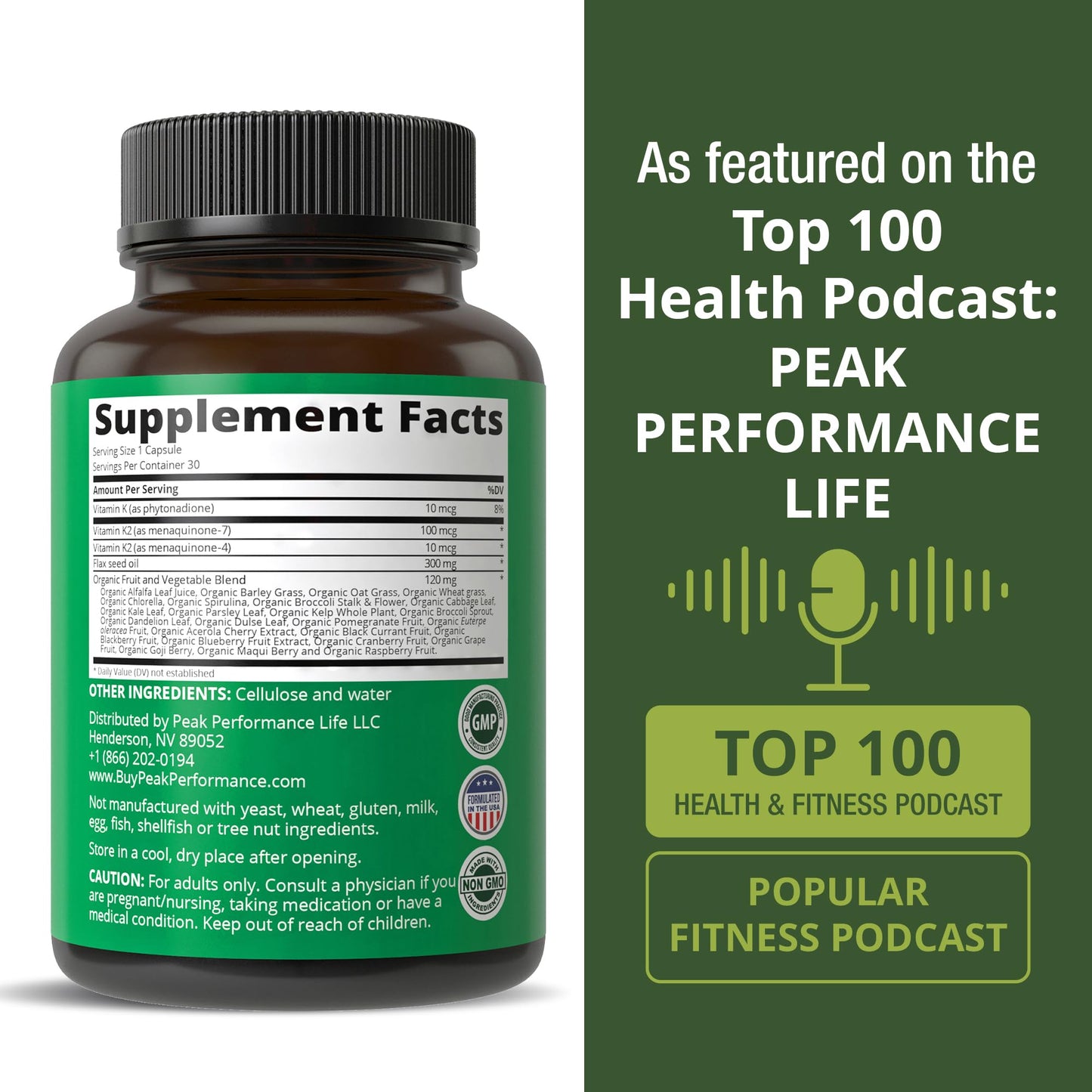 Peak Performance Vitamin K with Whole Food Blend of 25+ Vegetables and Fruits for Max Absorption Capsules 30 Count