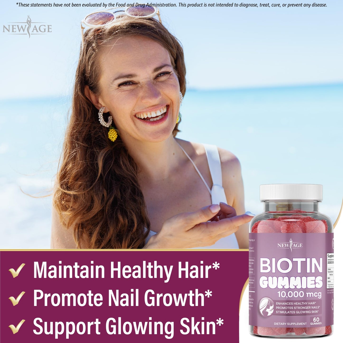 NEW AGE Biotin Gummies 10,000 mcg Non-GMO Hair, Skin & Nails – Made in USA, 120 Gummies