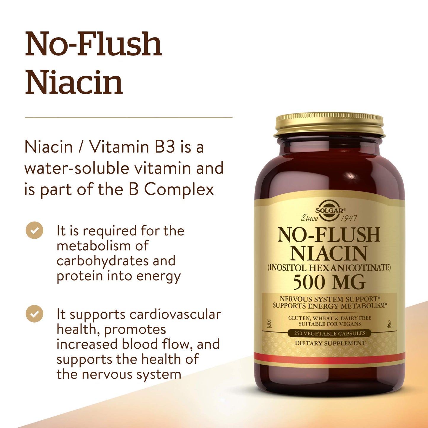 Solgar No-Flush Niacin 500 mg Vegetable Capsules, 250 Count