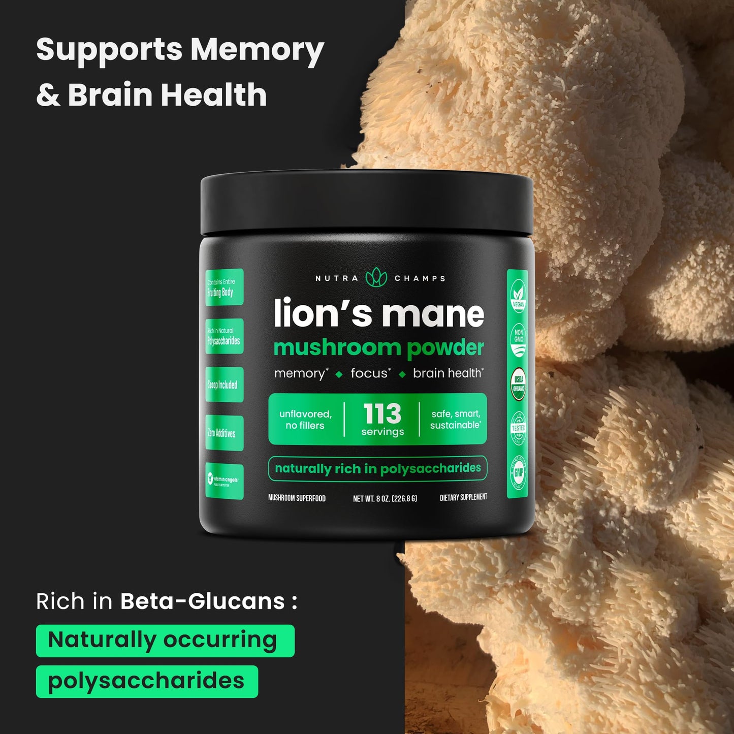 NutraChamps Organic Lion's Mane Powder 2000mg 8oz