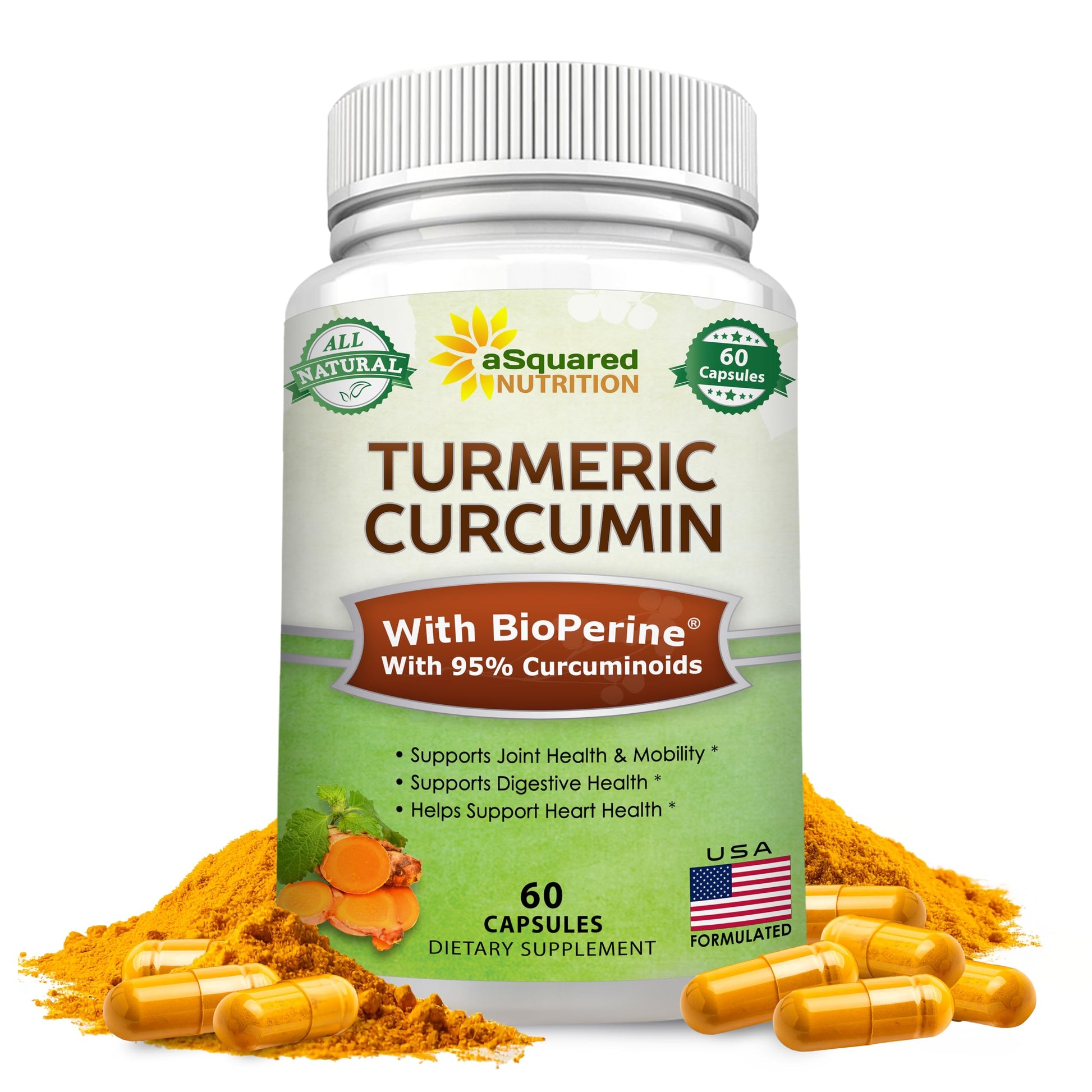aSquared Nutrition Turmeric Curcumin 1300mg with BioPerine Black Pepper Extract Supplement Capsules, 60 Count