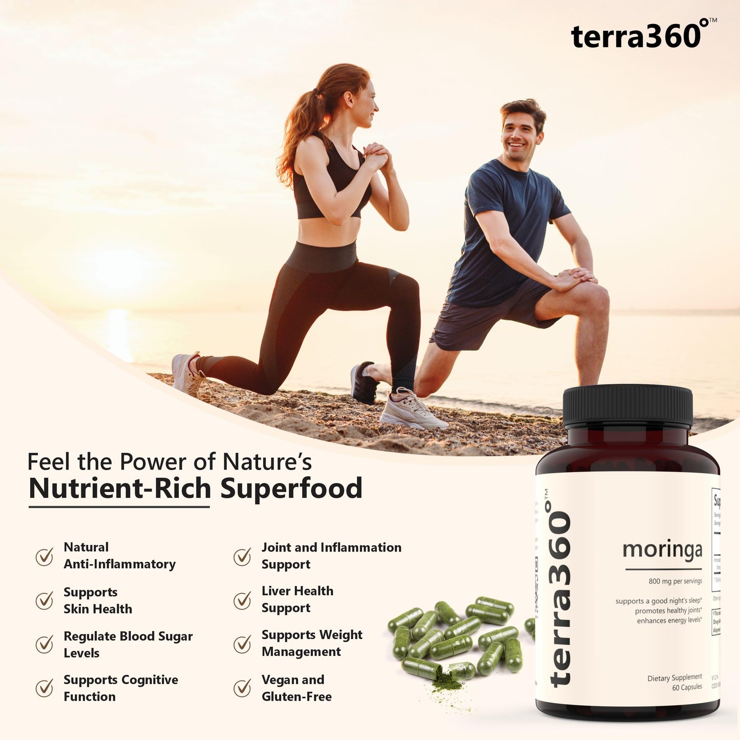 terra360° Natural Moringa Leaf Powder 800mg, 60 Capsules