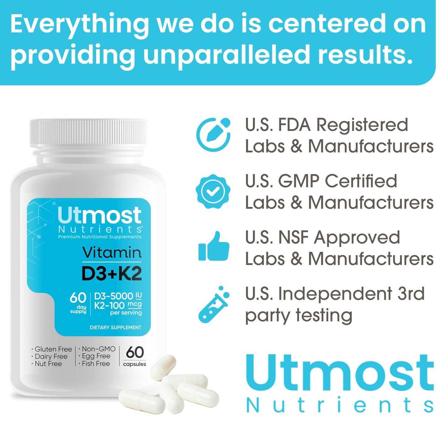 Utmost Nutrients Vitamin D3 5000iu with K2 100mcg, 60 Capsules