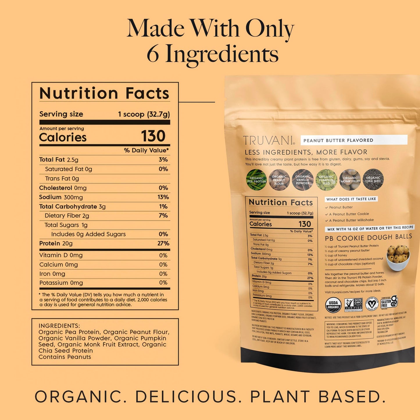 Truvani Vegan Pea Protein Powder, Peanut Butter Flavor, 20 Servings