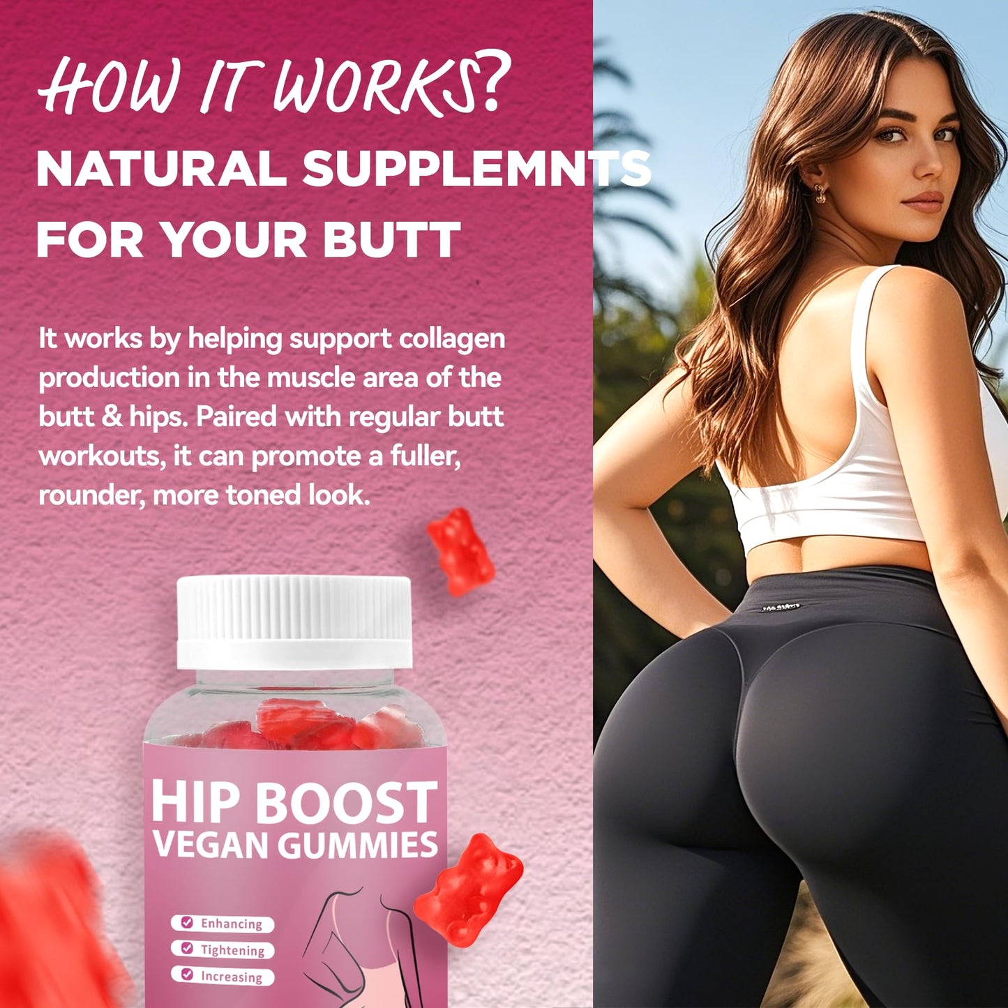 Feelherbs Natural BBL Gummies for Women Natural Curve Bear Shape Booty Gummies with Herbal Extracts & Multivitamins Berry Flavor, 60 Count