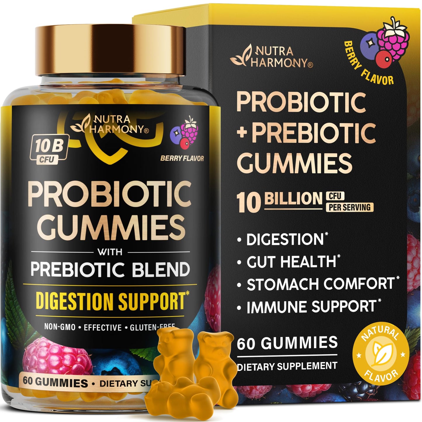 NUTRAHARMONY Probiotic Gummies 10B CFU with Prebiotic Fiber - Digestion & Immune Support - 60 Gummies