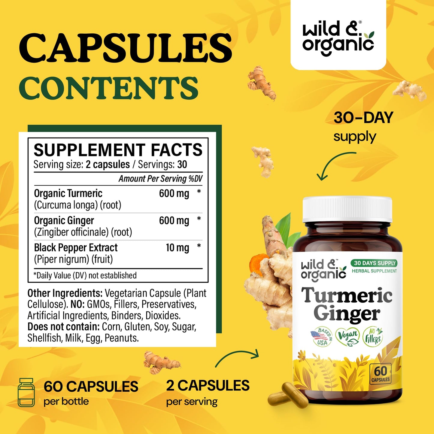 Wild & Organic Turmeric and Ginger Capsules 60 Count