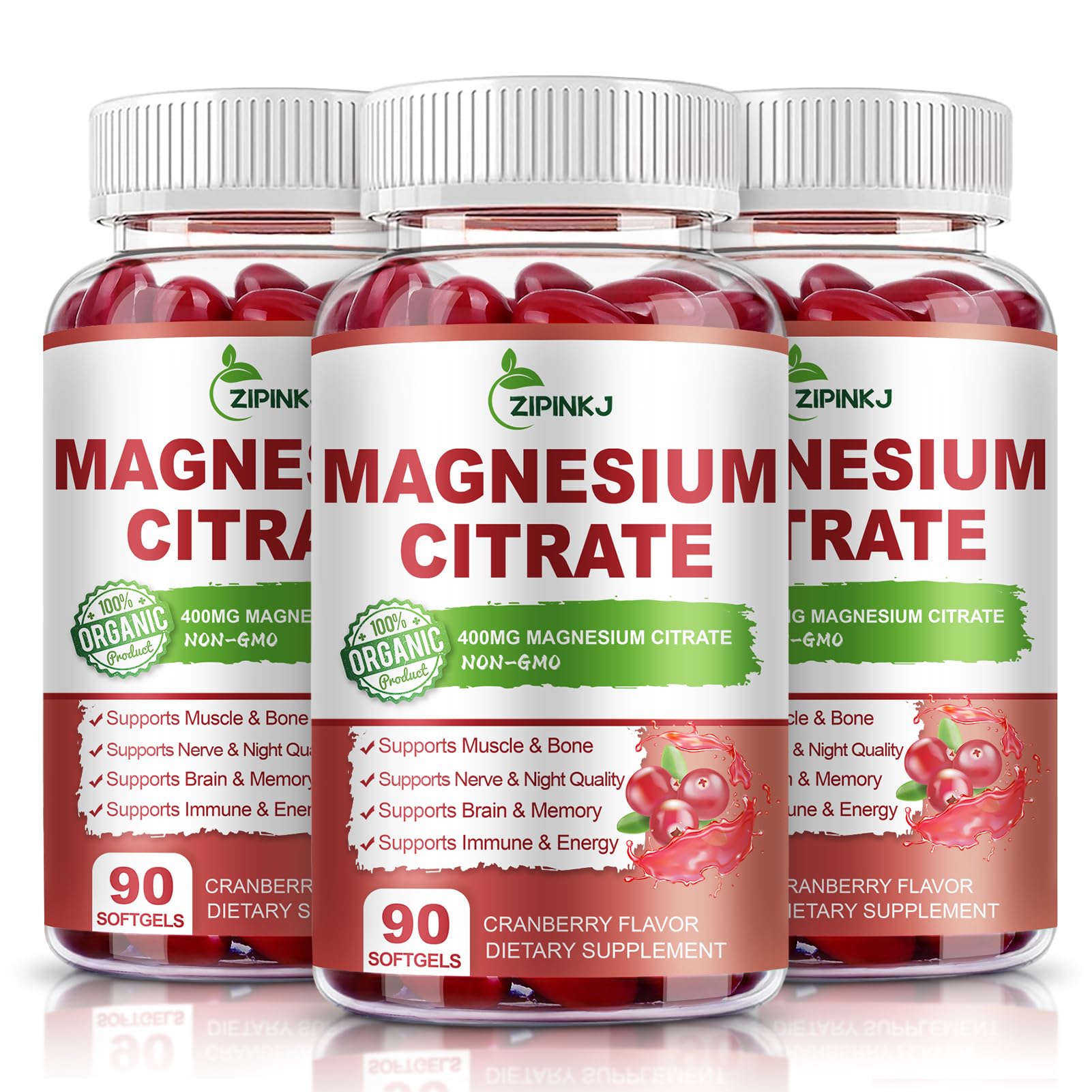 ZIPINKJ Magnesium Citrate 400mg High Absorption Magnesium Citrate Supplement with Vitamin D3, Vitamin B6 and Cranberry Extract Softgels, 270 Count