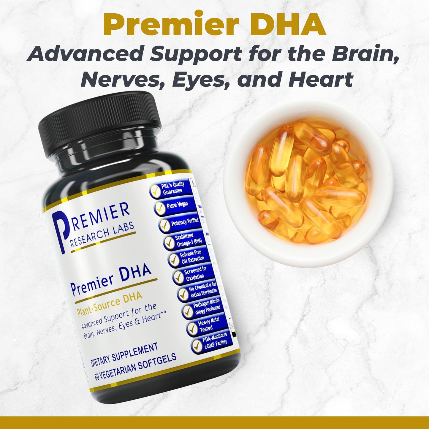 Premier Research Labs Premier DHA - Vegan DHA with Omega 3 Fatty Acids, Algae Based DHA for Women & Men, Natural DHA Supplement Suitable for Vegans, 60 Capsules