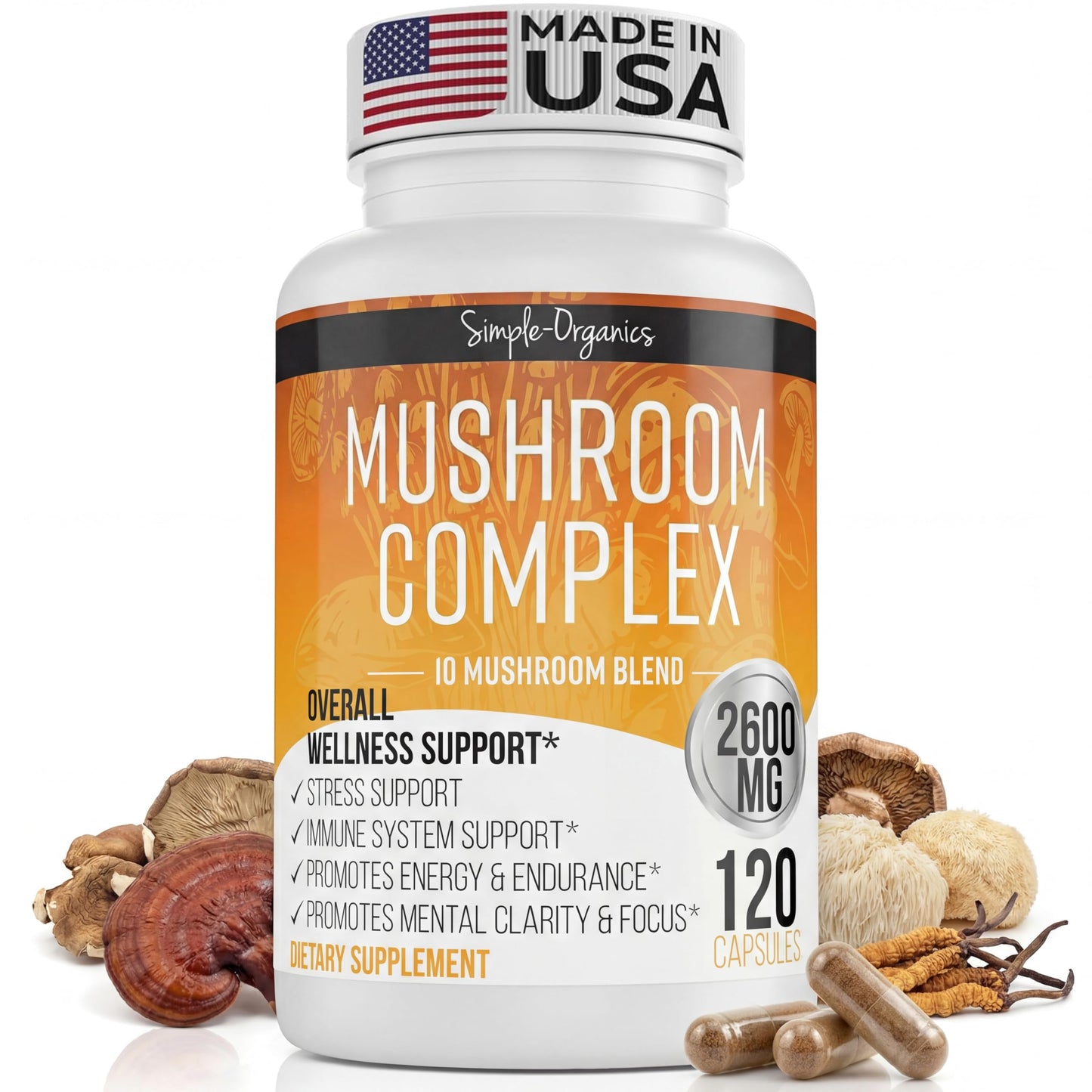 Simple-Organics 10 Mushroom Brain Supplement for Memory & Focus 2600mg 120 Capsules