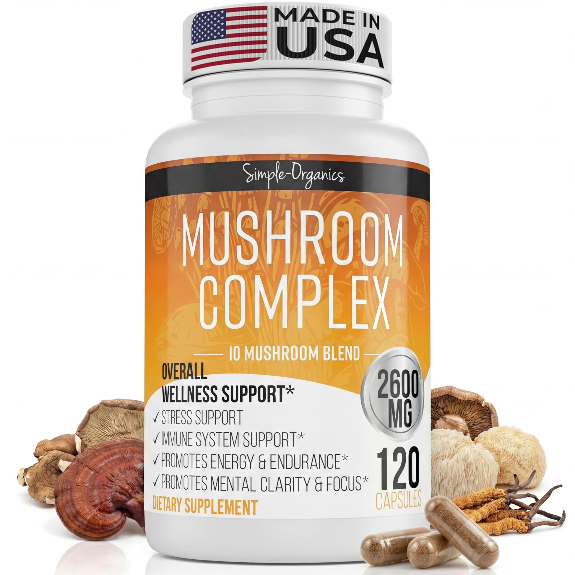 Simple-Organics 10 Mushroom Brain Supplement for Memory & Focus 2600mg 120 Capsules