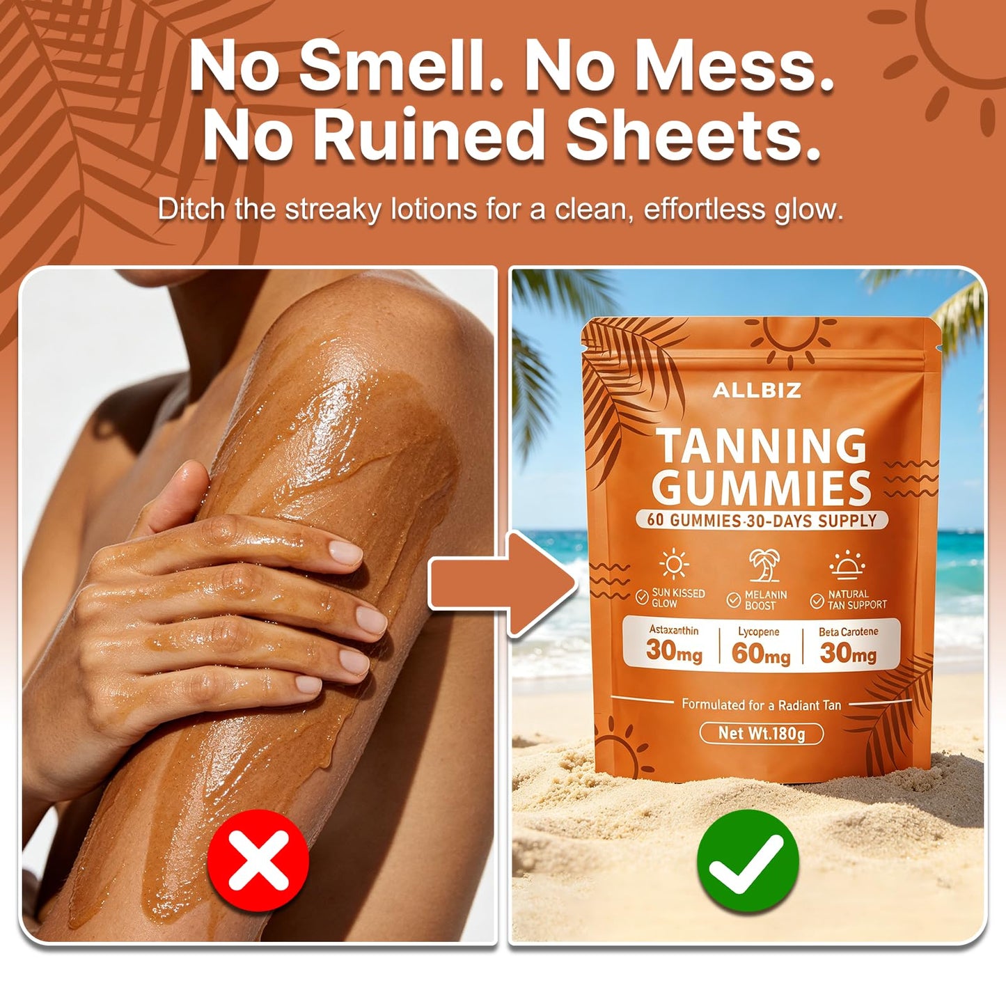ALLBIZ Tanning Gummies with Astaxanthin & Beta Carotene Glow Support for Natural Radiance, Vitamin C & E, Non-GMO Vegan, Sugar Free, 60 Count