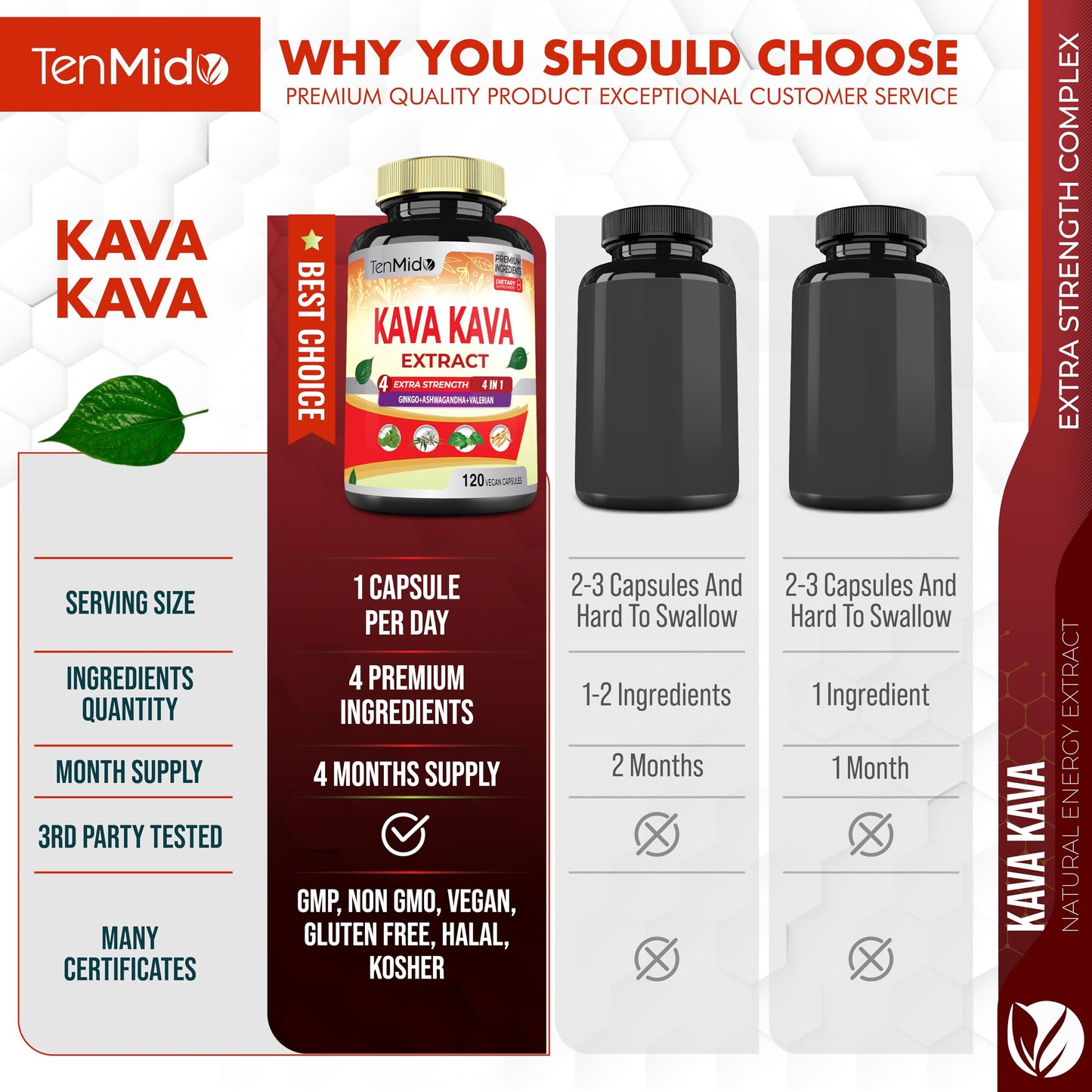 Tenmido Kava Kava Supplement Extract, 120 Capsules