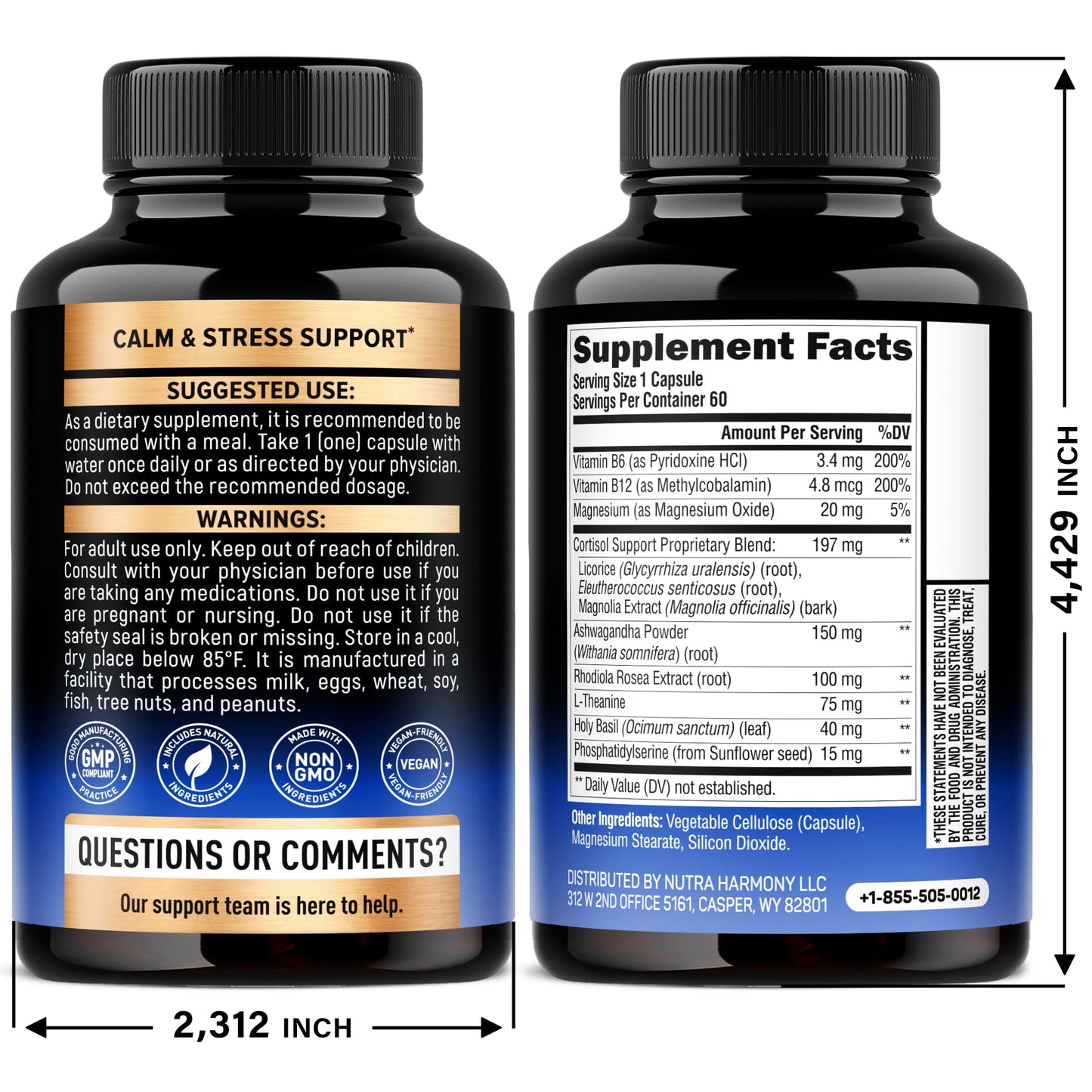 NUTRAHARMONY Cortisol Support & Magnesium Glycinate with Glycine Capsules, 180 Count