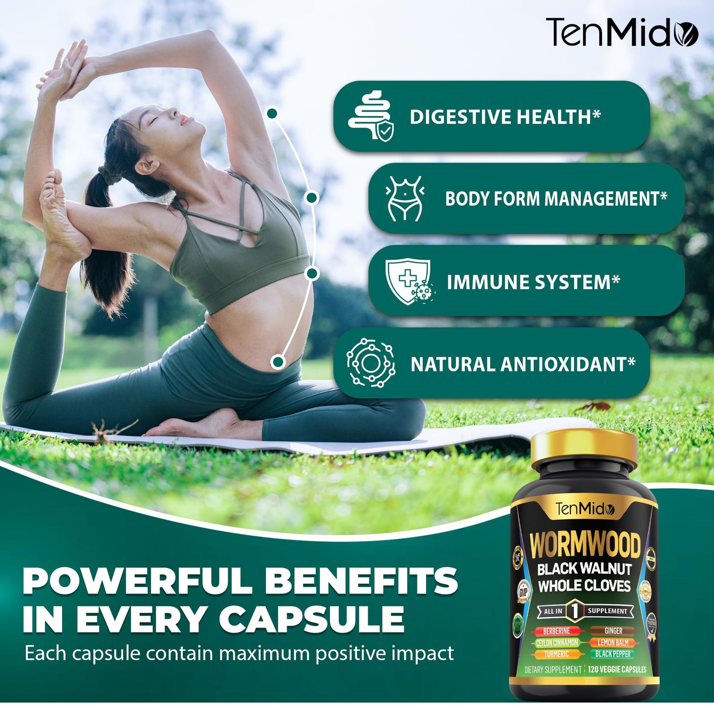 Tenmido Wormwood Black Walnut Clove Capsules 9-in-1 Wormwood Extract Formula, 120 Capsules