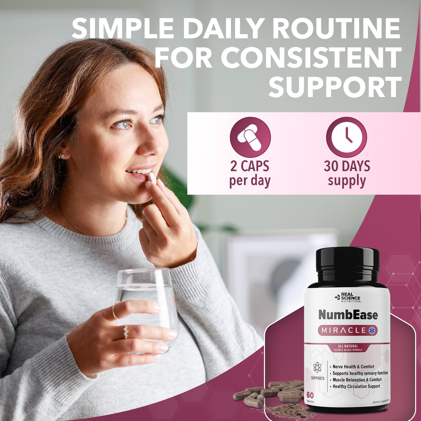 Real Science Nutrition Real Science NumbEase Miracle - All Natural Nitric Oxide & Nerve Support Supplement for Nerve Comfort, Circulation & Healthy Sensation – GABA & Vinitrox Formula for Daily Mobility, Capsules, 60